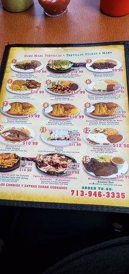 Picture of menu from where we ordered our pollo enchiladas .  Meat tasty, beans great & authentic Mexican rice.