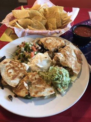 Combination beef/chicken quesadillas with mushrooms added- simply amazing!