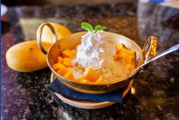 Mango sticky rice and coconut ice cream.