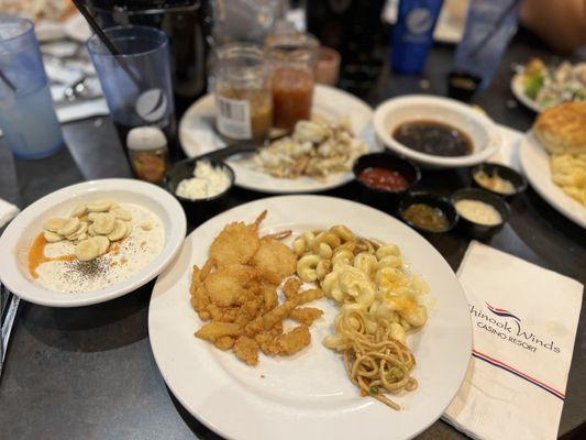 Clam chowder, fried shrimp, clam strips, mac & cheese, cold soba noodles.