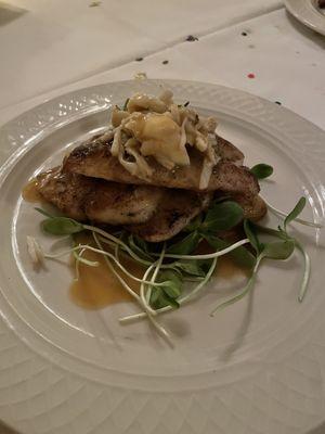 Chef Special- Blackened Drum with lump crabmeat over fingerling potatoes & sprouts