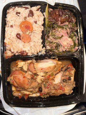 Brown stew chicken with 2 sides collard greens made with smoked turkey and red beans and rice