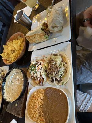 Taco Plate ($12.5), Queso ($12), Burrito with Guacamole ($15)