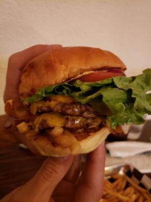 Double Patty Cheeseburger with Bacon & a Fried Egg