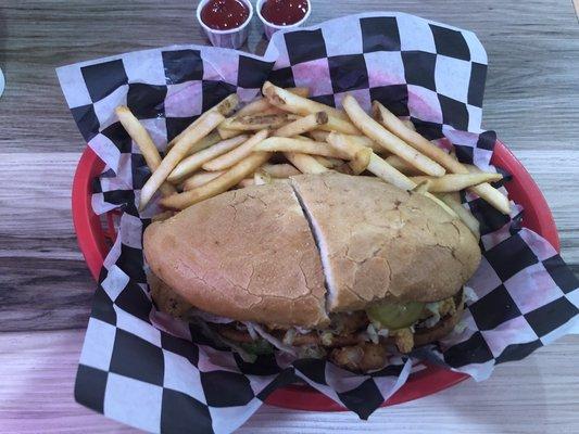 Shrimp Po-Boy with fries