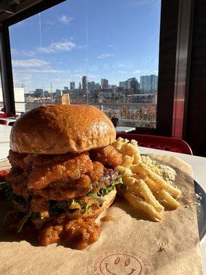 Burger of the month with cheese curds and butter bacon marinara. Garlic Parm fries.