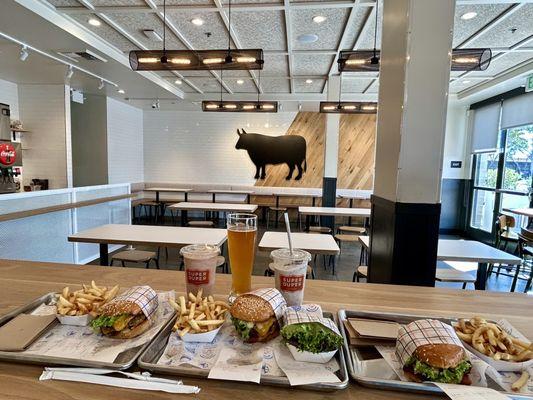 Burgers, fries, milkshakes, beer, lettuce wrap indoor seating