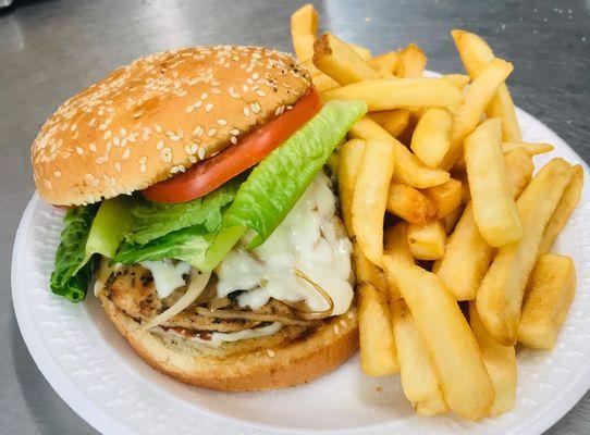 Grilled chicken sandwich with fries