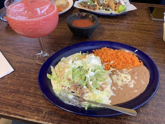 Beef chimichangas and 27oz strawberry margarita.