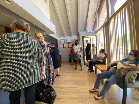 10 people in the waiting room. No social distancing and no enforcement of social distancing after several patients complained.