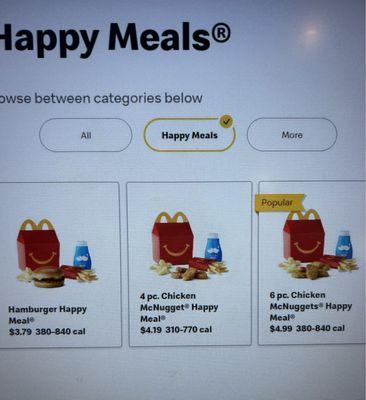 Happy meal menu