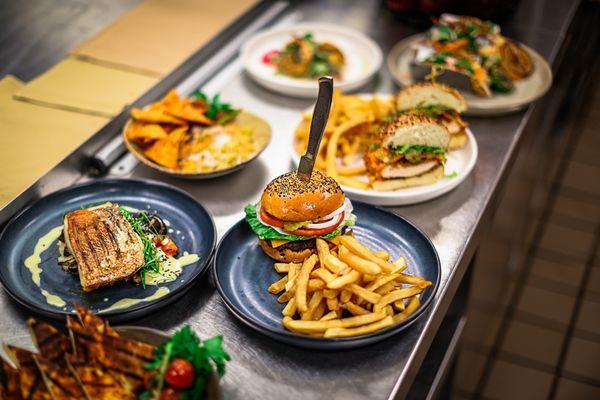 The perfect spread: Gulf Red Snapper, Corn Hummus, Rouse Burger & fries