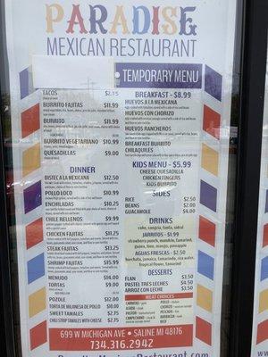 regular menu