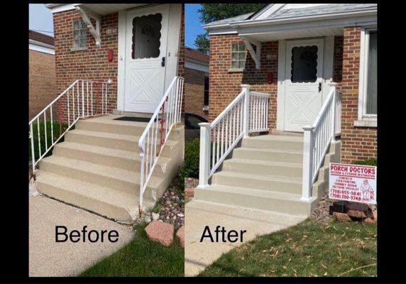 Before and after porch repair with new pvc railings installed