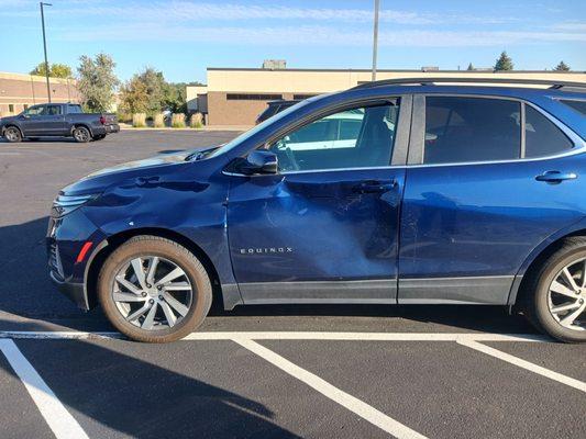 Deer damaged side fender and driver's door