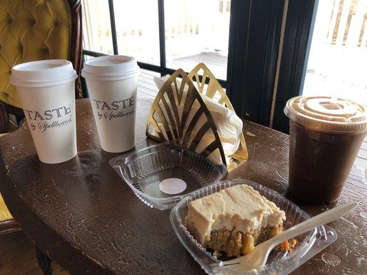 Hot chocolate, iced chai latte, and a 1/2 eaten maple blondie bar.