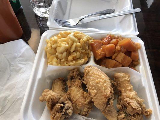 Fried Chicken with yams and baked mac and cheese