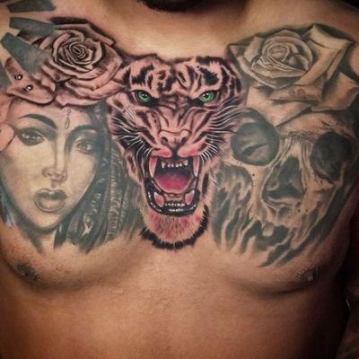 Tiger tattoo, skull tattoo, rose tattoo