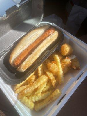 Hotdog (2), cheese curds, fries