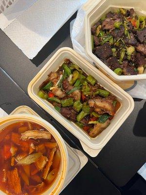 From left to right: pork intestine, double-cooked pork, stir fried beef