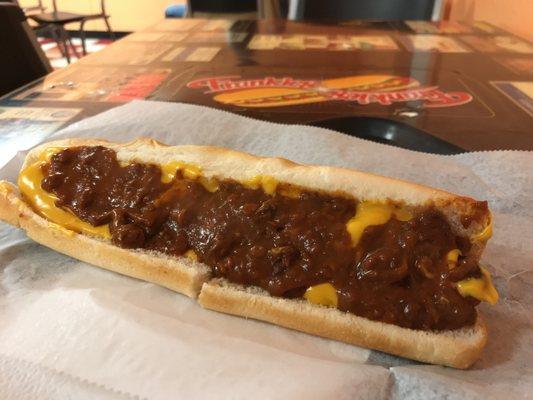 Foot long with chili and cheese.