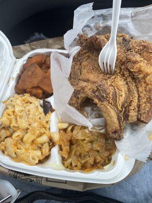 Mac n cheese, candied yams, cabbage, fried pork chops