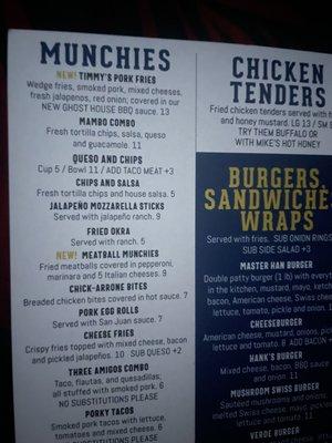 Munchies menu -1/2 price on Tuesdays