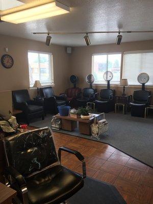 Lobby complete with hairdryer chairs.