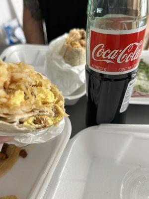 Sausage breakfast burrito  Burrito de asada  Coca de botella