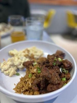 Sweet 'n Sticky Chicken w fried rice and potato/macaroni salad.