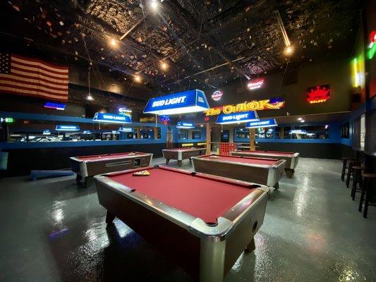 Newly covered pool tables.