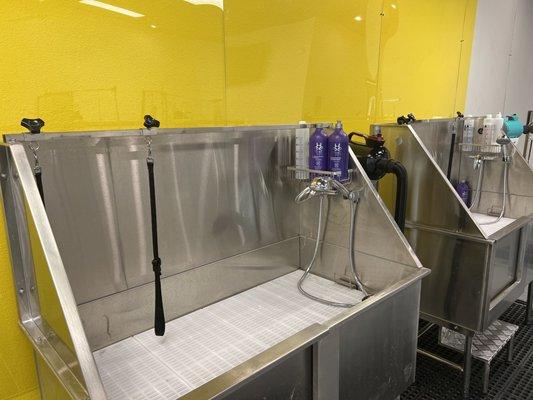 Our baths are high quality stainless steel with adjustable heights and we only use premium shampoos and conditioners.