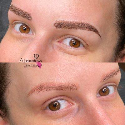 Before and after of corrective microblading over an old eyebrow tattoo