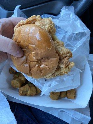 Chicken filet sandwich and fried okra