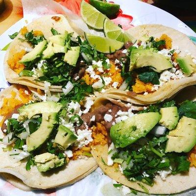 Vegetarian Tacos- cilantro, onions, cotija, rice, beans, & avocados (substitute the meat with rice, beans, & avocados- special request)