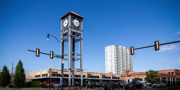 Front of our office with the clock tower landmark.