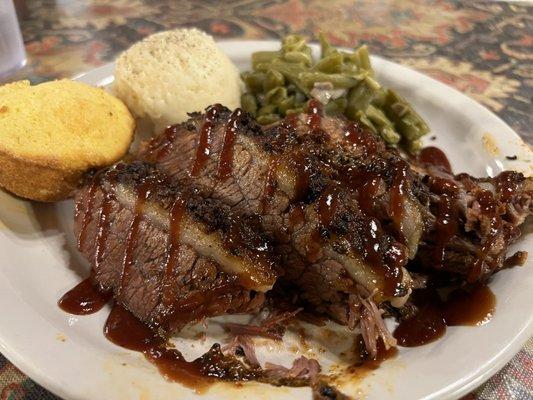 Brisket dinner with green beans and garlic mashed potatoes. So good I cleared my plate!!