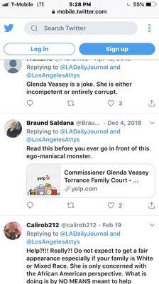 Some comments on Twitter responding to the daily journal article about her.