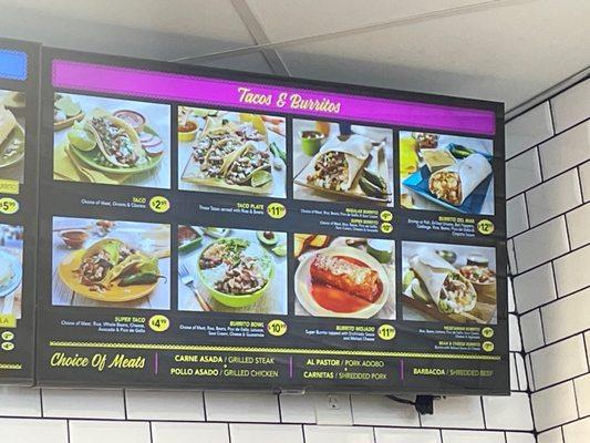 Tacos & burritos menu