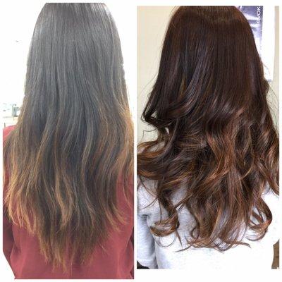 Thank you Peggy for completely fixing my damaged hair! Left is before. Right is after.