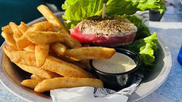 Ahi sandwich, protein style with bay fries