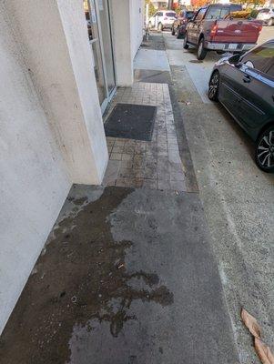 Entrance door. Note the dirt on the tiles.  The water -soap is from the window cleaning crew.