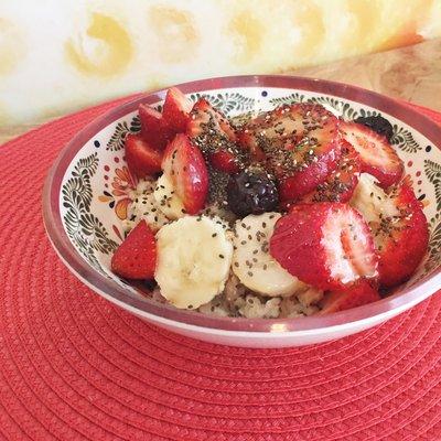 Creamy Coconut Oatmeal, with fresh fruit and wild flower honey