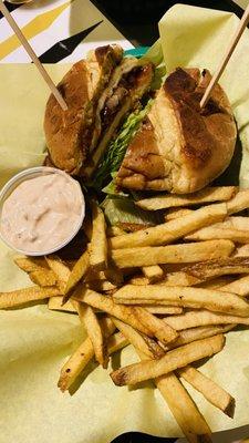 Buffalo Chicken sandwich with fresh-cut fries.