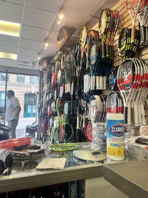 Large selection of frames and demo rackets at the bottom