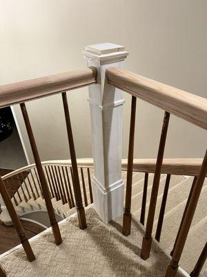 Stair railing update with sanding railing and mission style wrapped newel posts