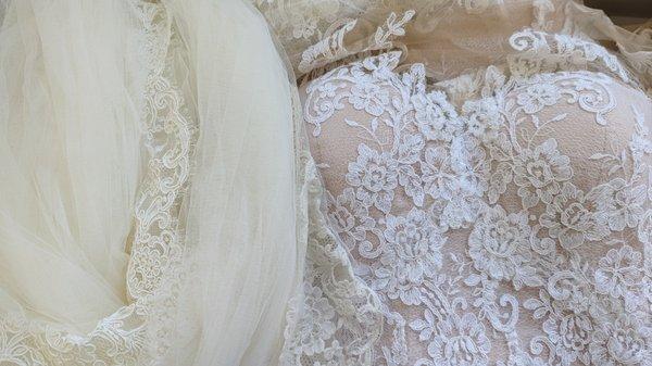 Both veil and lace on the dress were ivory.  Now the lace on the dress is white