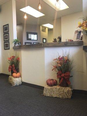 Reception desk. Super cute decorations for fall (: