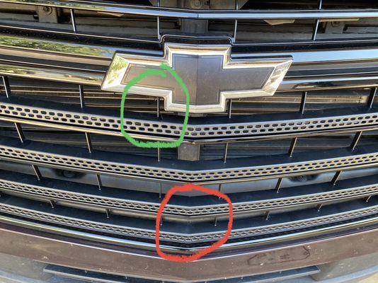 Red circle is original area of damage and green is replaced grill