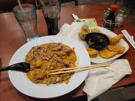 The Hawaiian Curry with pork and the vegetable Tempura.